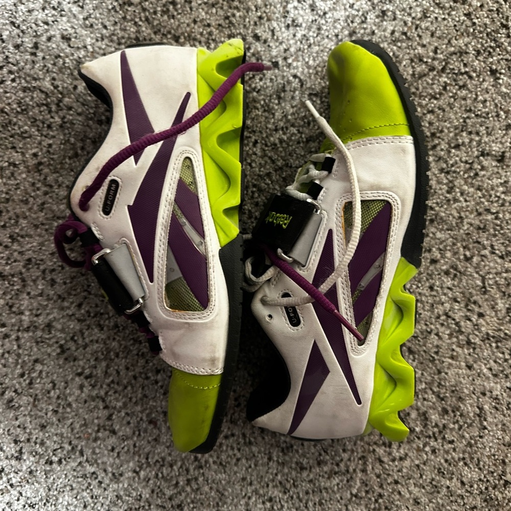 Olympic weight lifting CrossFit shoes; purple and neon green style